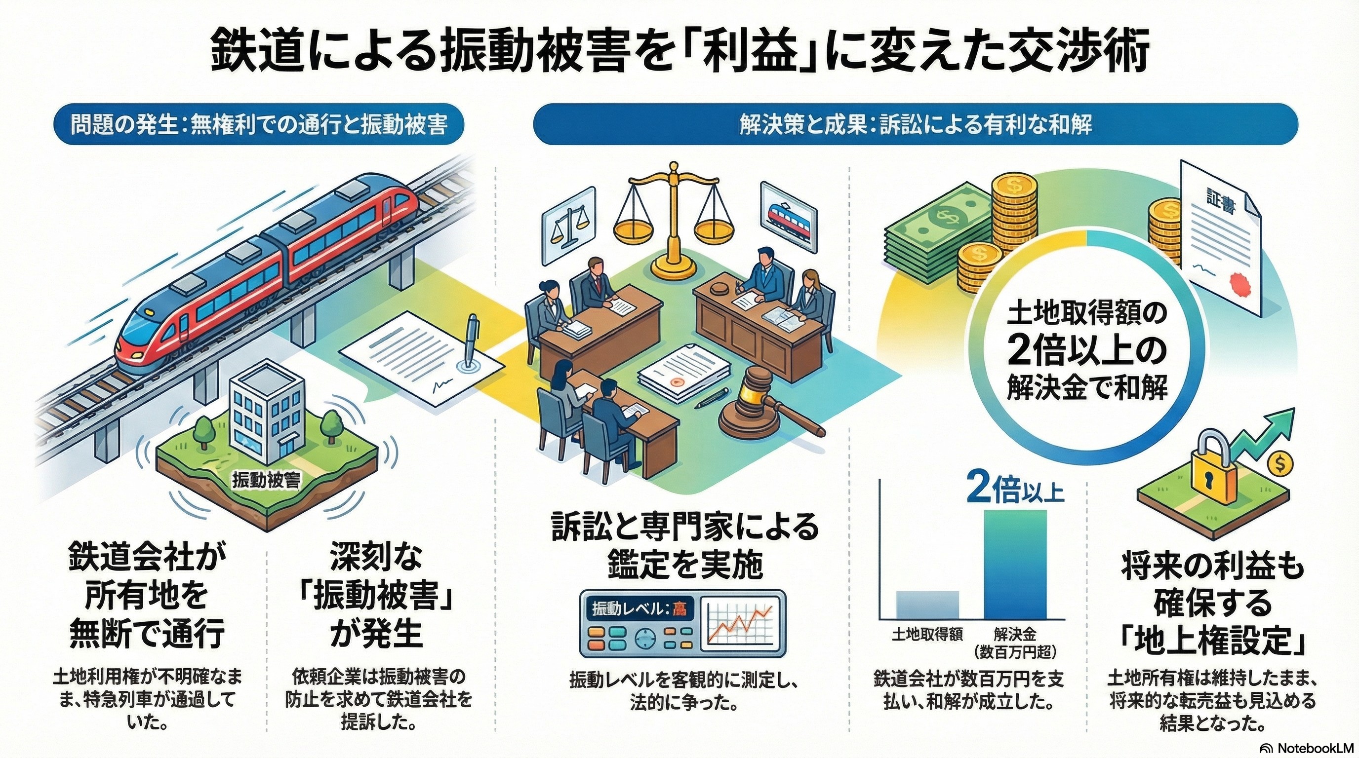 鉄道振動被害を利益に変えた交渉術：解決の仕組み図解